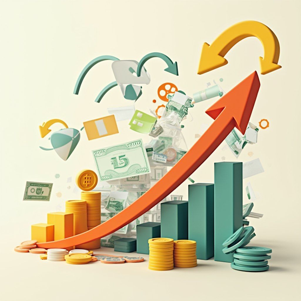 Financial growth illustration with a upward trending arrow, stacks of coins, various banknotes, and abstract icons representing money management and investment.