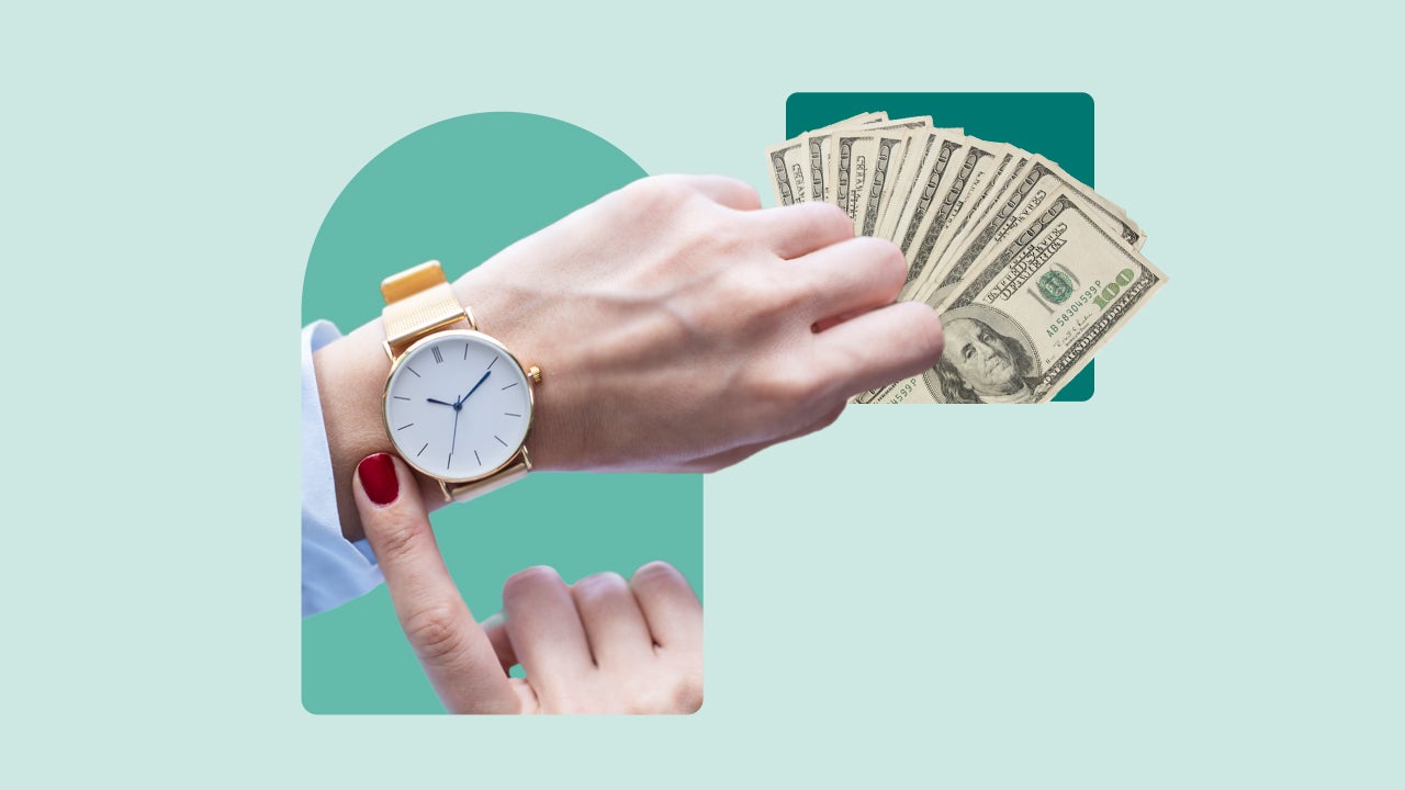 The image depicts a person with a wristwatch holding a fan of US dollar bills, symbolizing time and money.