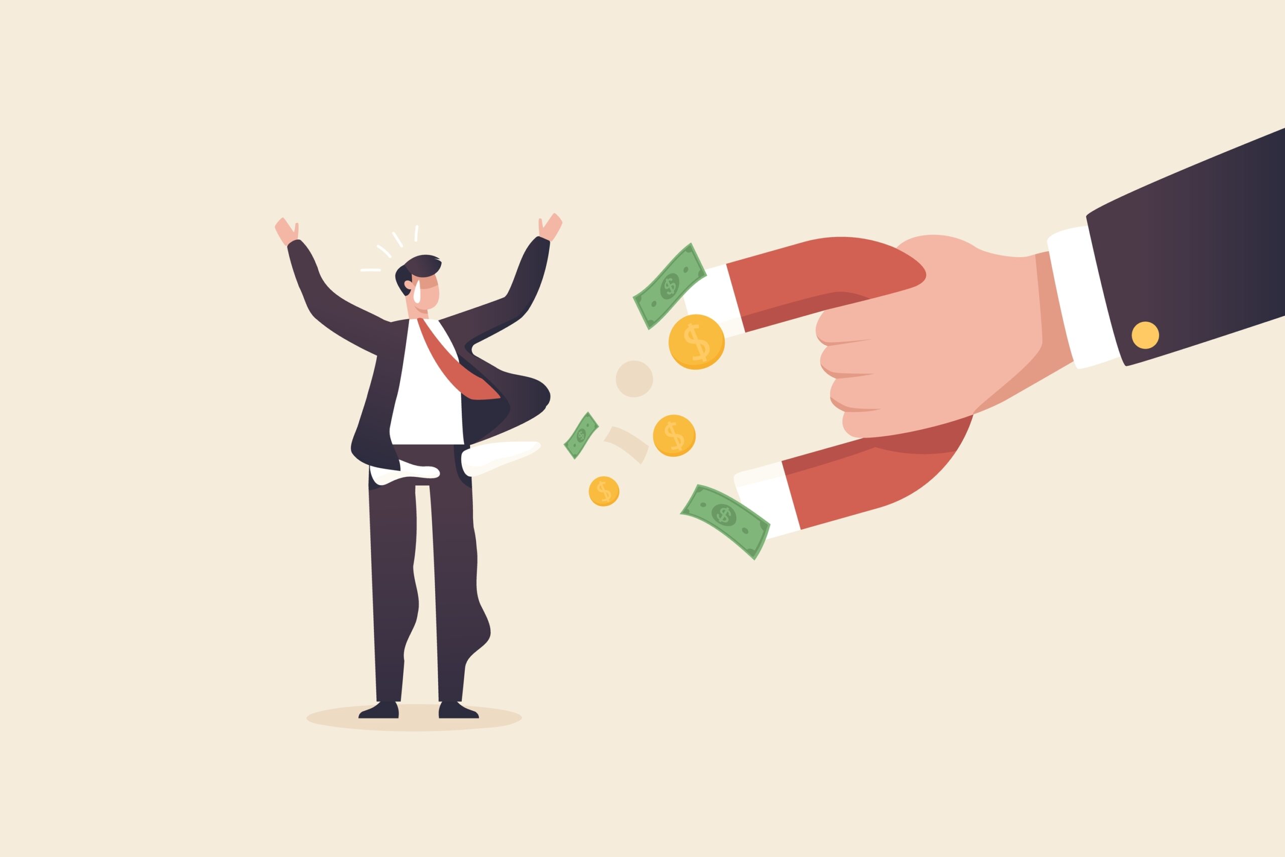 A businessperson happily receiving money from a large, outstretched hand, representing a financial transaction or investment.
