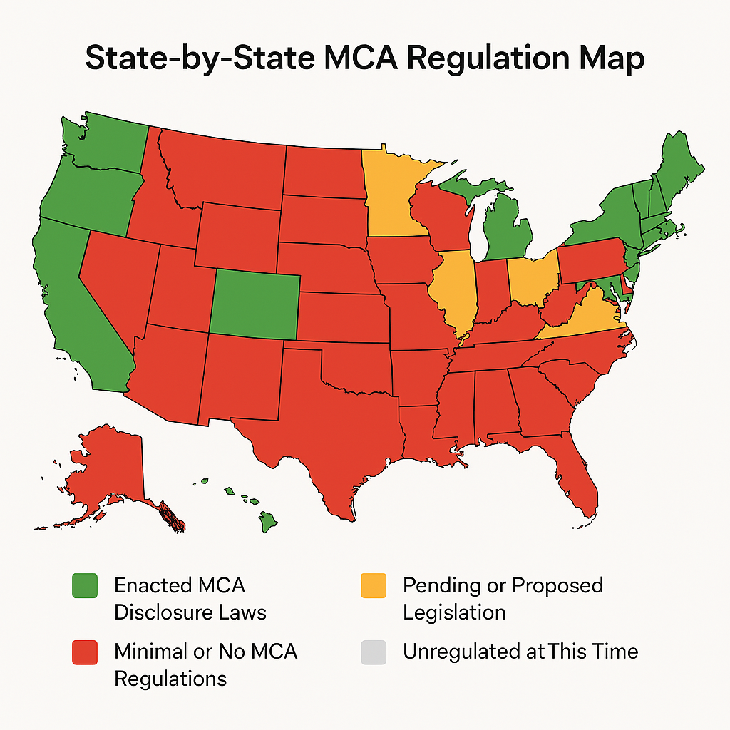 The map shows the distribution of MCA regulation laws across U.S. states, with most states having minimal or no regulations, and some states enacting or proposing legislation.