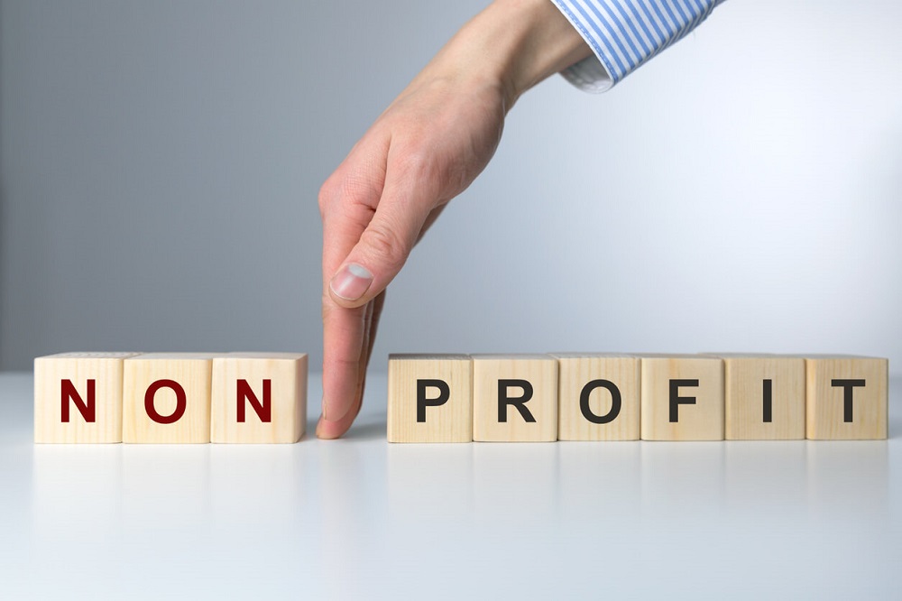 The image shows a hand moving wooden blocks spelling "NON" on one side and "PROFIT" on the other, highlighting the concept of non-profit organizations.
