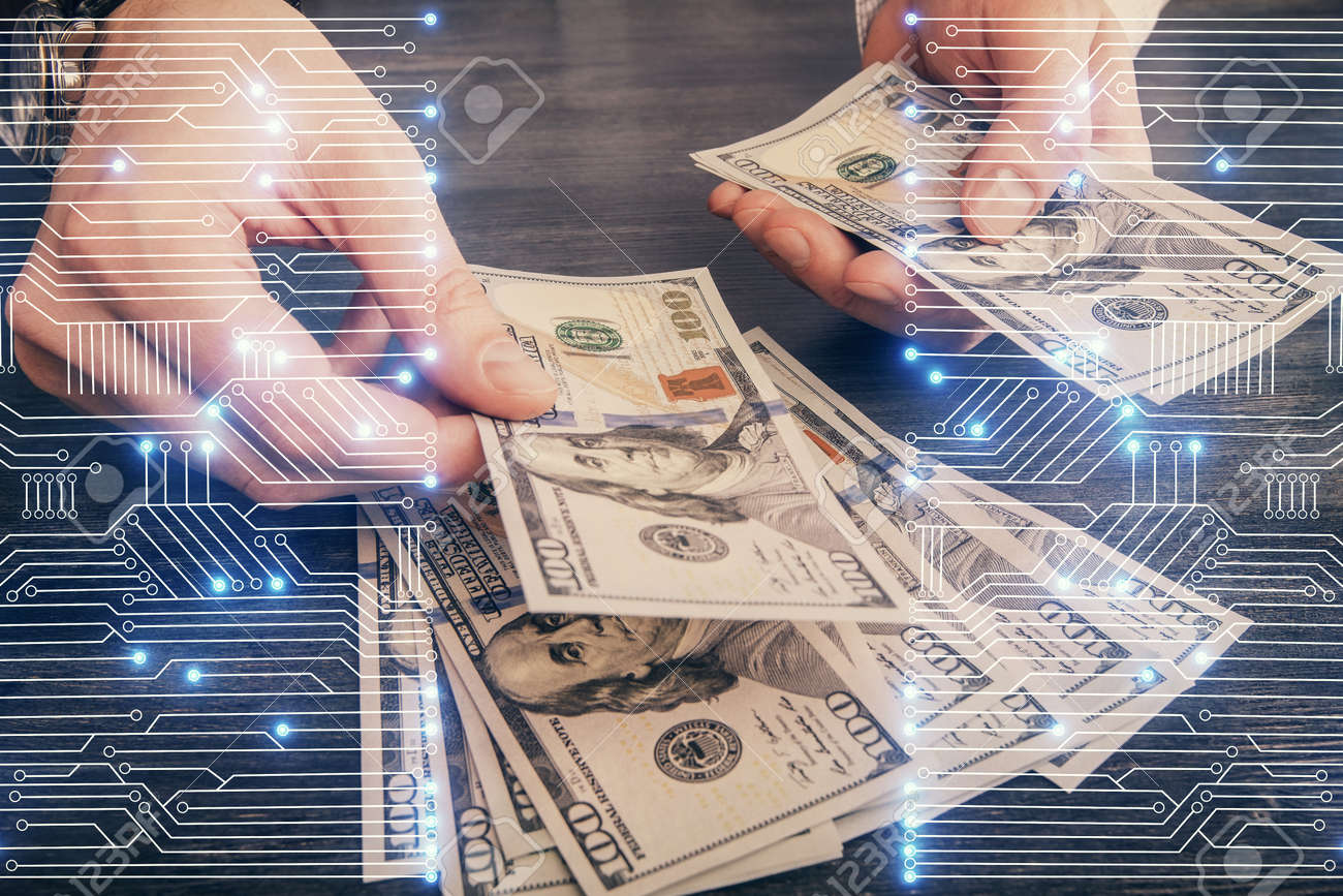 A person exchanging or counting U.S. dollar bills, with digital and circuit-like overlays suggesting financial technology or digital currency.