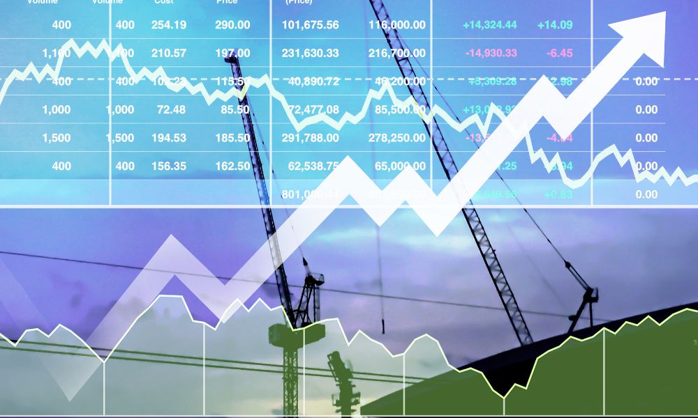The image depicts the stock market with rising and falling trends, superimposed over construction cranes, symbolizing economic growth and development.