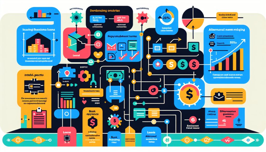 A detailed infographic illustrating the process of financial lending, borrowing, repayment terms, and related financial concepts.