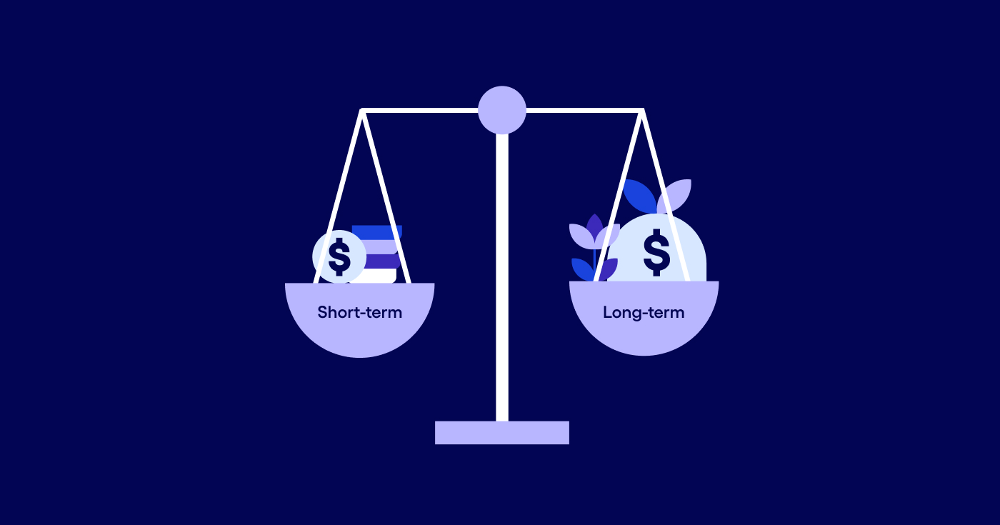 The image depicts a balance scale comparing short-term and long-term financial growth or investment.