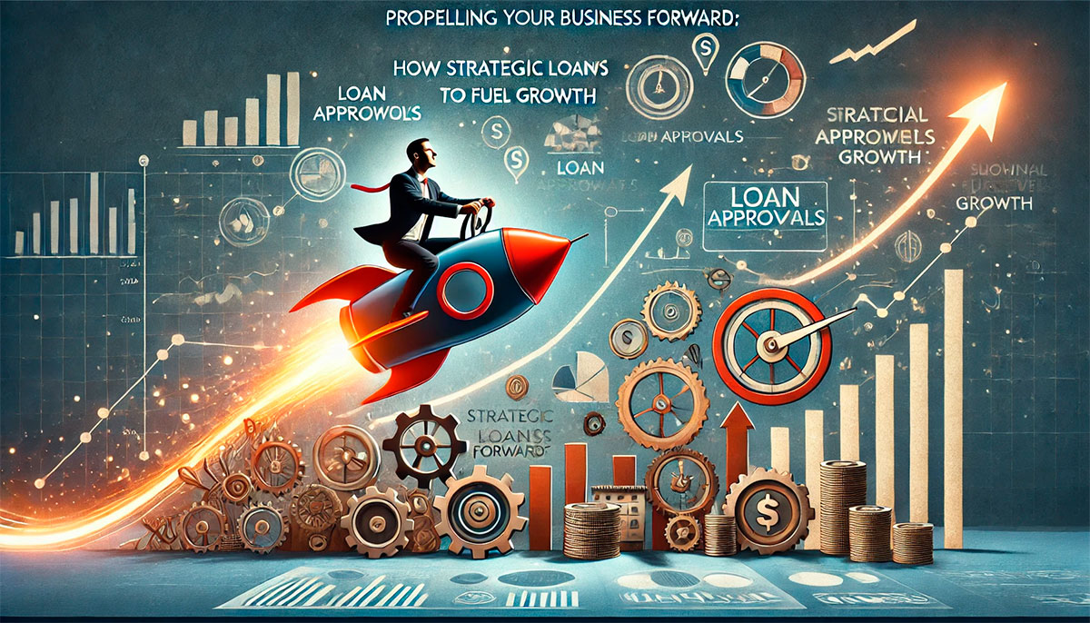 The image depicts a businessman riding a rocket, symbolizing rapid business growth fueled by strategic loans and financial approvals.