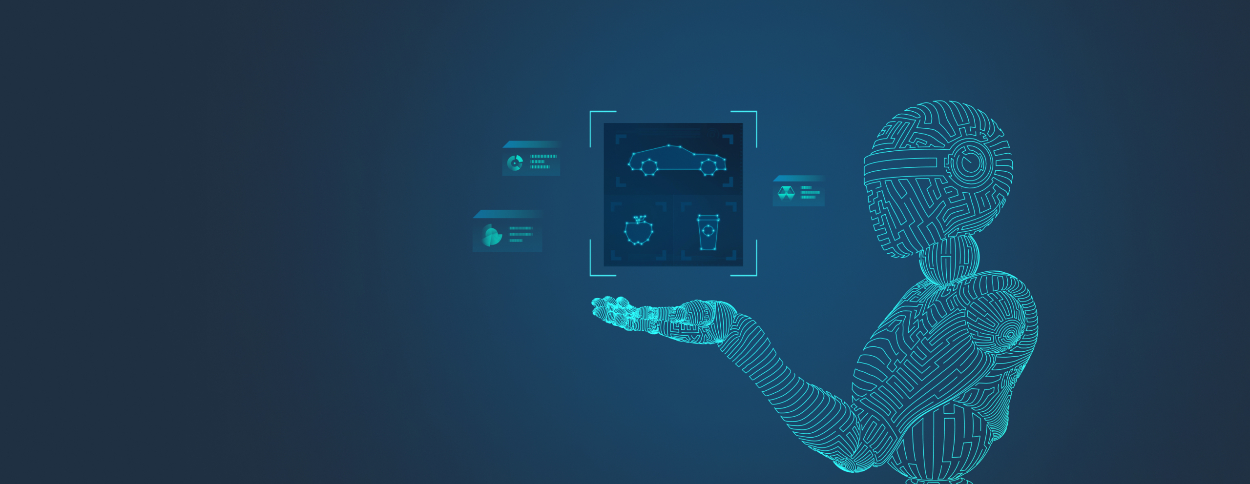 The image shows a digital, futuristic representation of a humanoid figure analyzing data and images related to cars, health, and beverages.