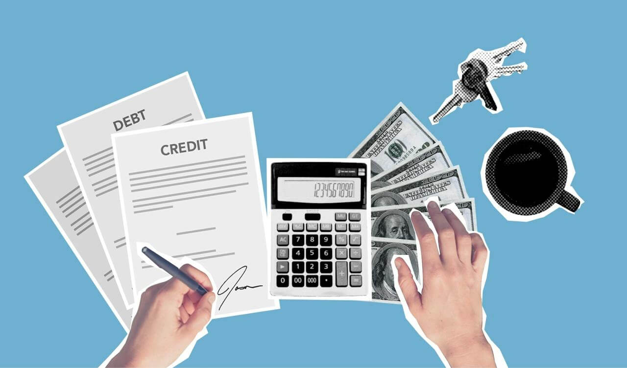 The image depicts financial documents, cash, a calculator, and a coffee cup, representing managing debt, credit, and finances.
