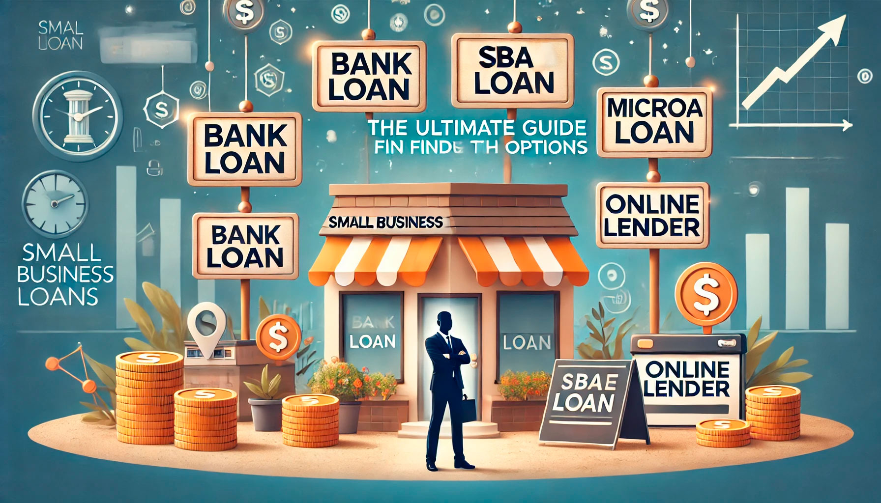 The image illustrates various small business loan options, including bank loans, SBA loans, microloans, and online lending, with a focus on financial growth and funding sources.