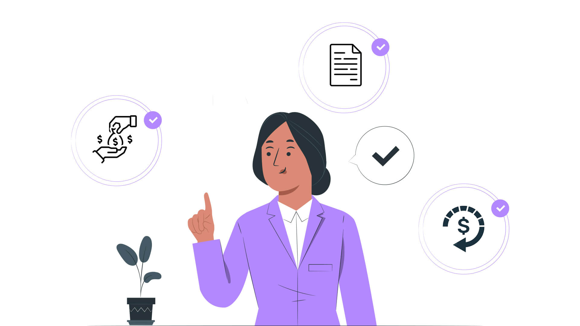 The image illustrates a woman surrounded by icons representing financial management and documentation tasks.