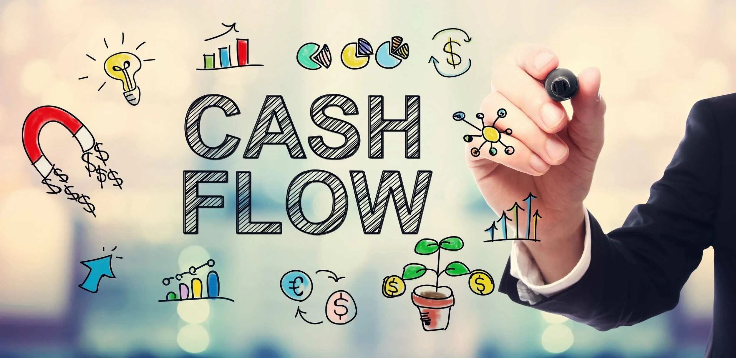 The image illustrates the concept of cash flow, highlighting sources of income and financial growth through various icons like money, charts, and a plant symbolizing investment or revenue growth.