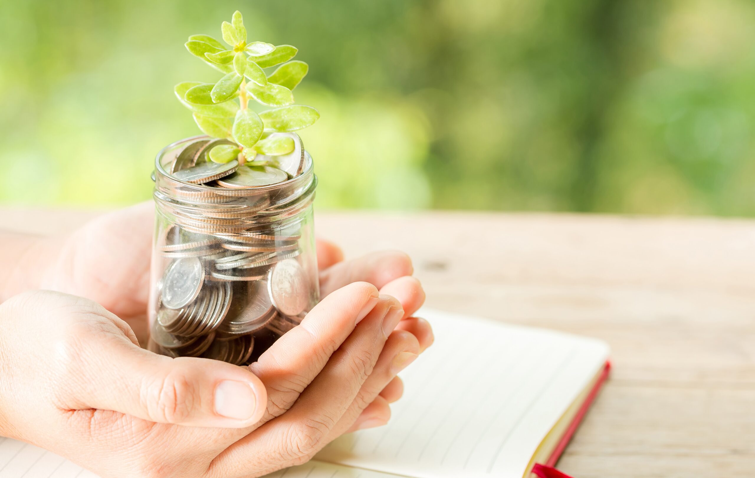 The image shows a hand holding a glass jar filled with coins, with a small green plant growing out of the coins, symbolizing financial growth or savings.