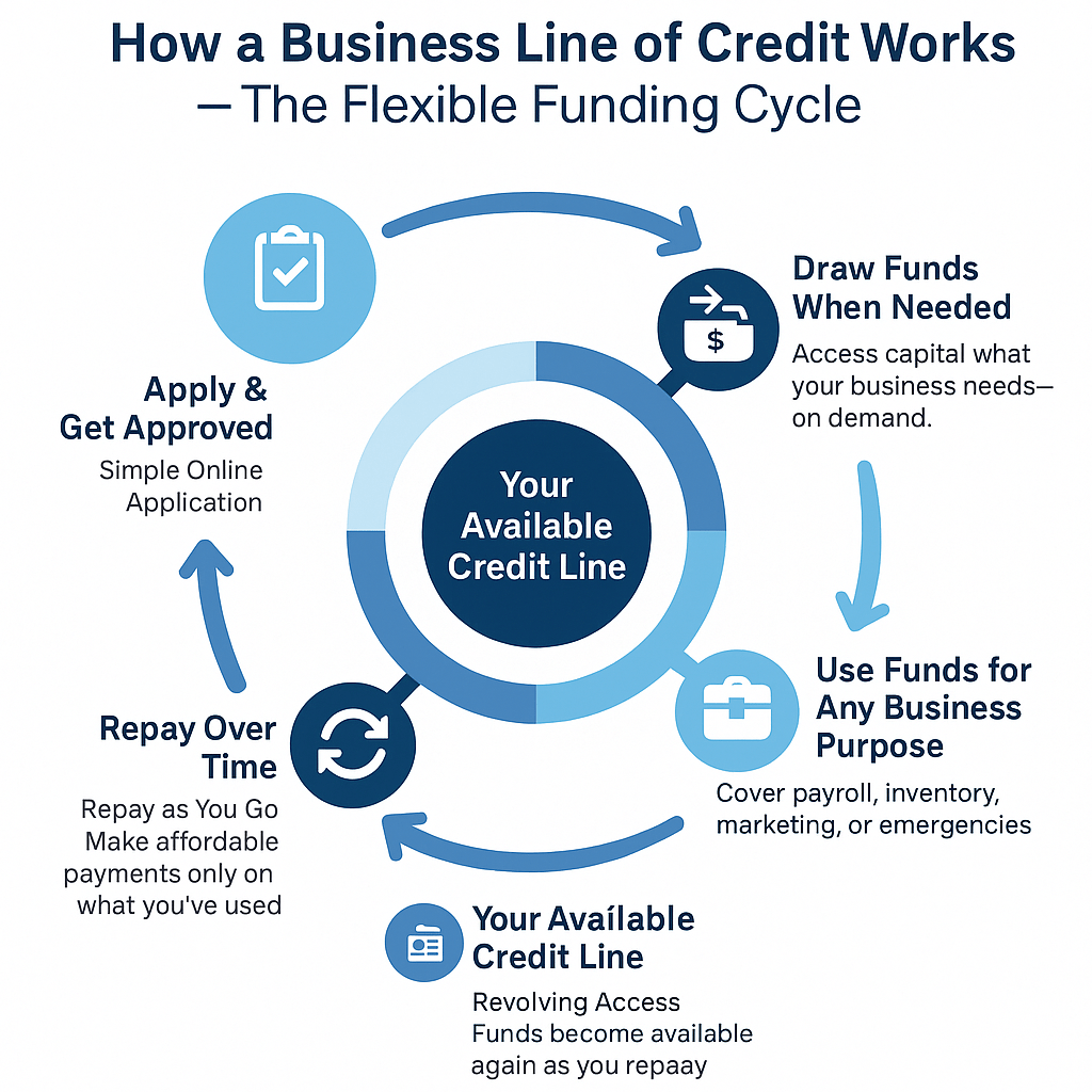 The image explains the flexible cycle of how a business line of credit provides access to funds, allows usage for various purposes, and is repaid over time.