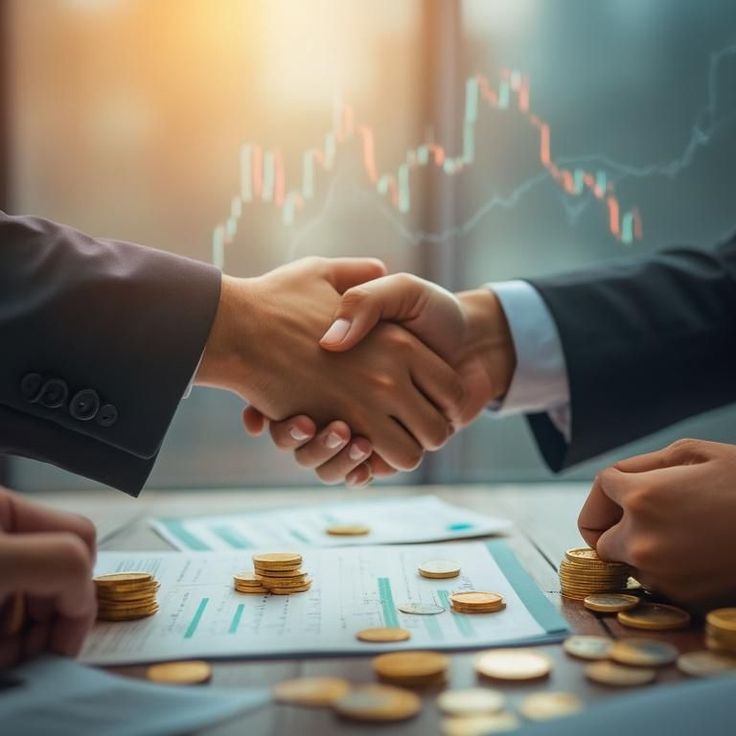 Two business professionals are shaking hands over financial documents and coins