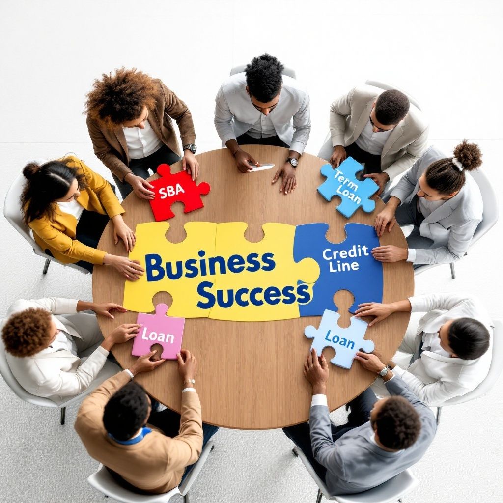 The image illustrates how different financial tools like SBA, term loans, credit lines, and regular loans come together as pieces of a puzzle to achieve business success.