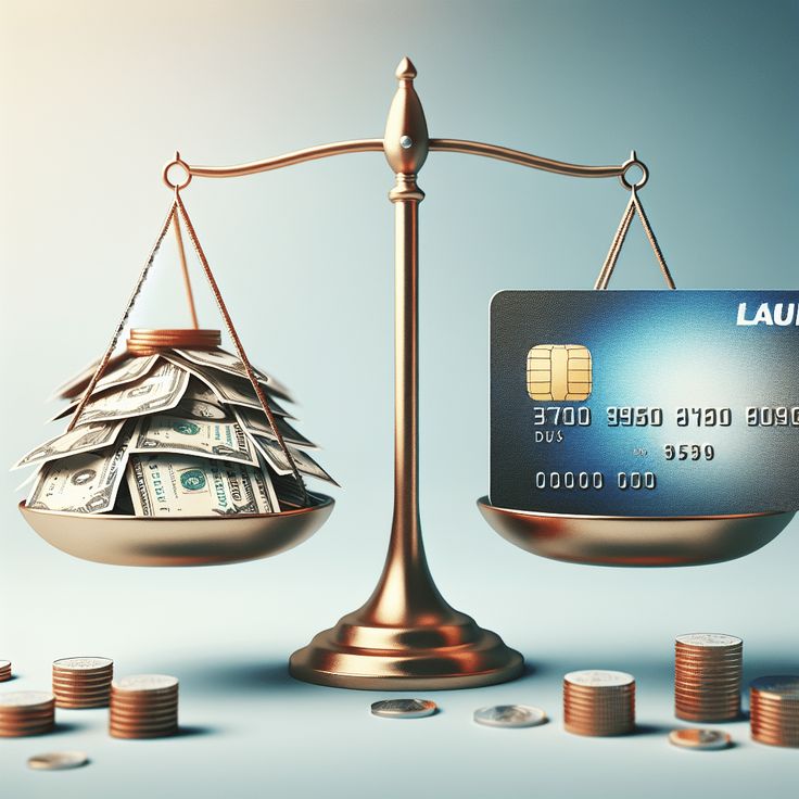 The image shows a balance scale weighing money and a credit card, symbolizing the comparison or trade-off between cash and digital or credit-based financial resources.
