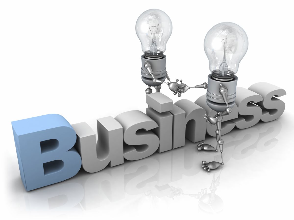 The image illustrates the concept of innovation and collaboration driving business success, represented by robotic light bulbs working together on the word "Business."