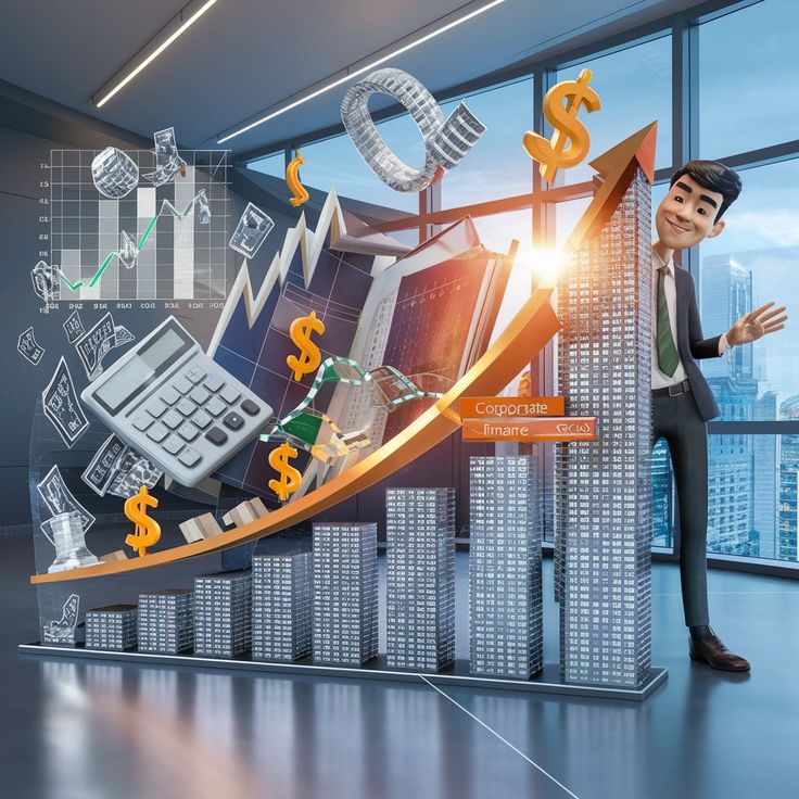 The image depicts a businessperson celebrating financial growth, represented by a rising arrow, bar graphs, and various financial symbols like dollar signs and charts.