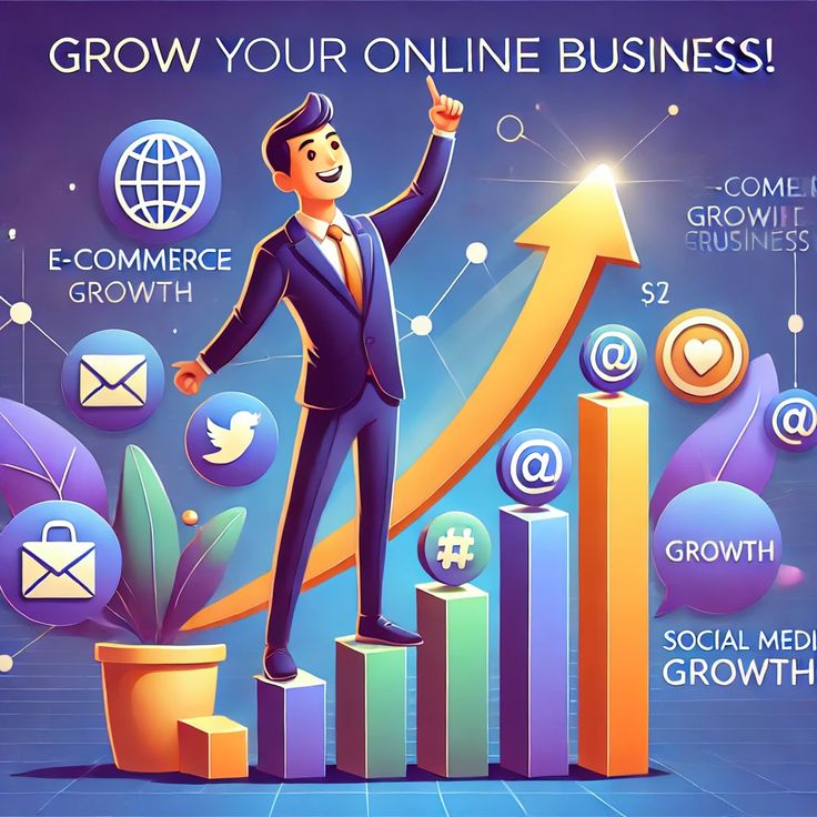 The image illustrates how leveraging social media and digital platforms can significantly boost online business growth.