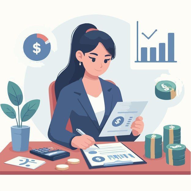 A businesswoman is analyzing financial documents surrounded by charts, coins, and dollar symbols, indicating financial planning or management.