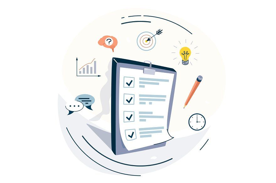 An illustration of a clipboard with a checklist, surrounded by various icons including speech bubbles, a bar graph, a light bulb, a clock, a pencil, a target with an arrow, a question mark, and a thought bubble, symbolizing ideas, planning, and goal setti