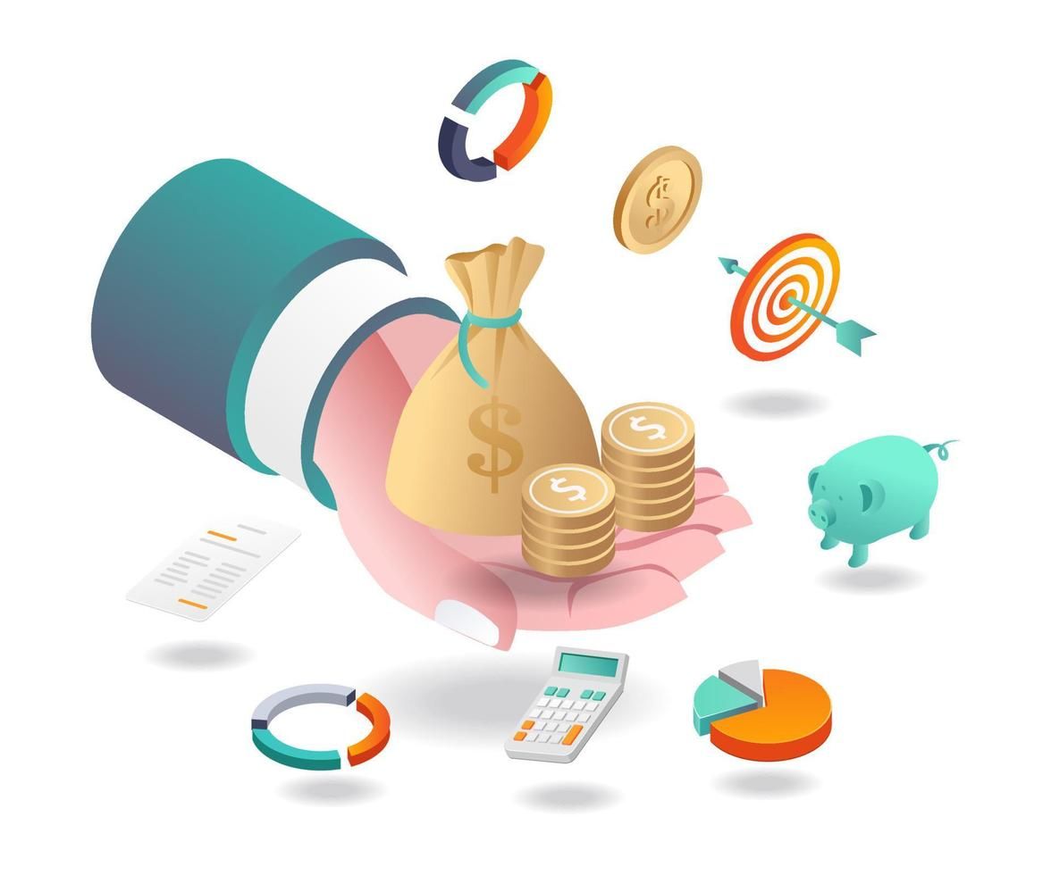 An illustration depicting financial growth and planning concepts, featuring a hand holding a large container from which coins and a money bag with a dollar sign are emerging. Surrounding elements include a piggy bank, a target with arrows, pie charts, a c