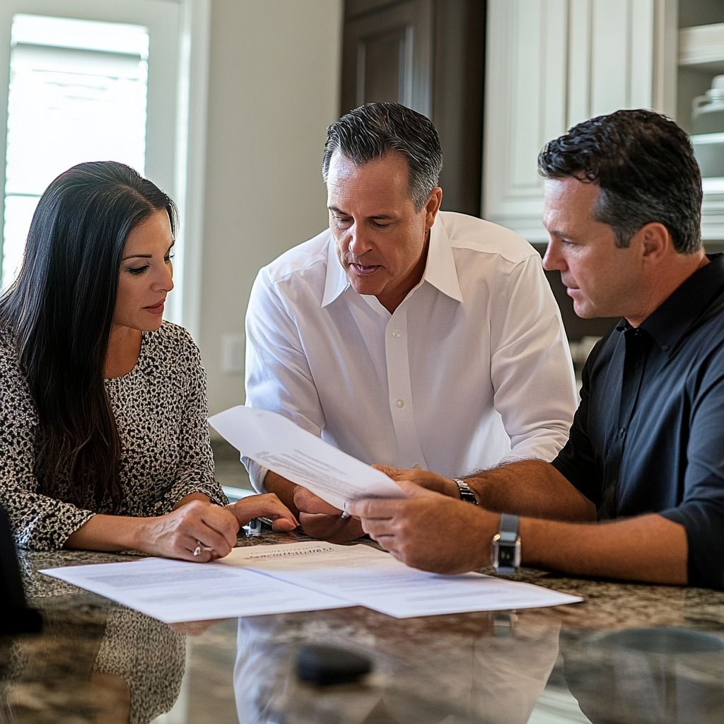 Three people are sitting at a table, reviewing documents with a man who appears to be a financial advisor or mortgage officer.