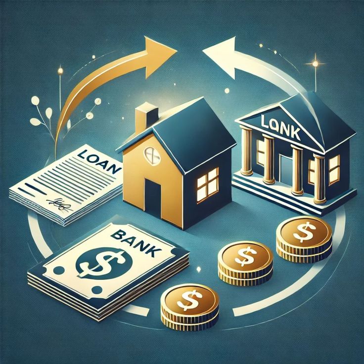 An illustration depicting the process of refinancing a home. It features two houses, one labeled "Loan" and the other "Long," connected by arrows indicating a financial transaction. In front of the houses, there are stacks of banknotes and coins with doll