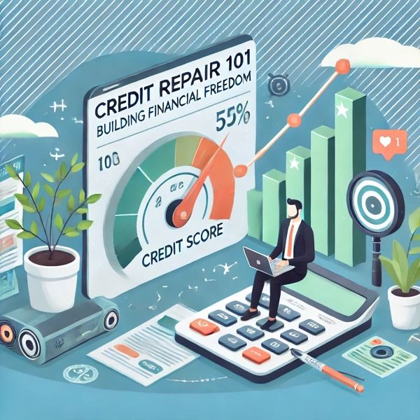 An illustrated scene related to credit repair and financial management. It features a large gauge labeled "CREDIT SCORE" with a needle pointing to 55%, and a sign above reading "CREDIT REPAIR 101 BUILDING FINANCIAL FREEDOM."