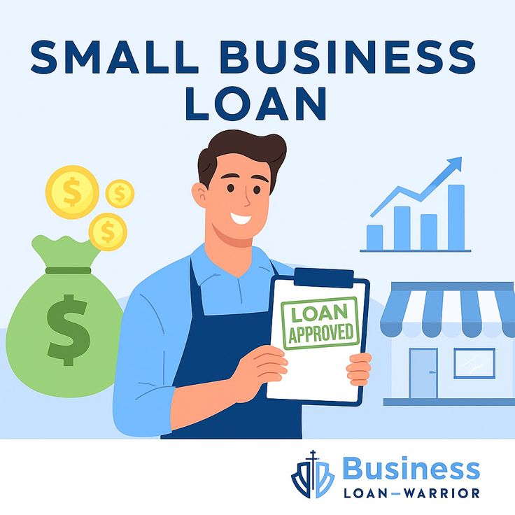 An illustration of a smiling man wearing a blue shirt and apron, holding a clipboard with a "Loan Approved" sign. To his left, there is a green money bag with dollar signs and gold coins. To his right, there is a bar chart with an upward trend and a store