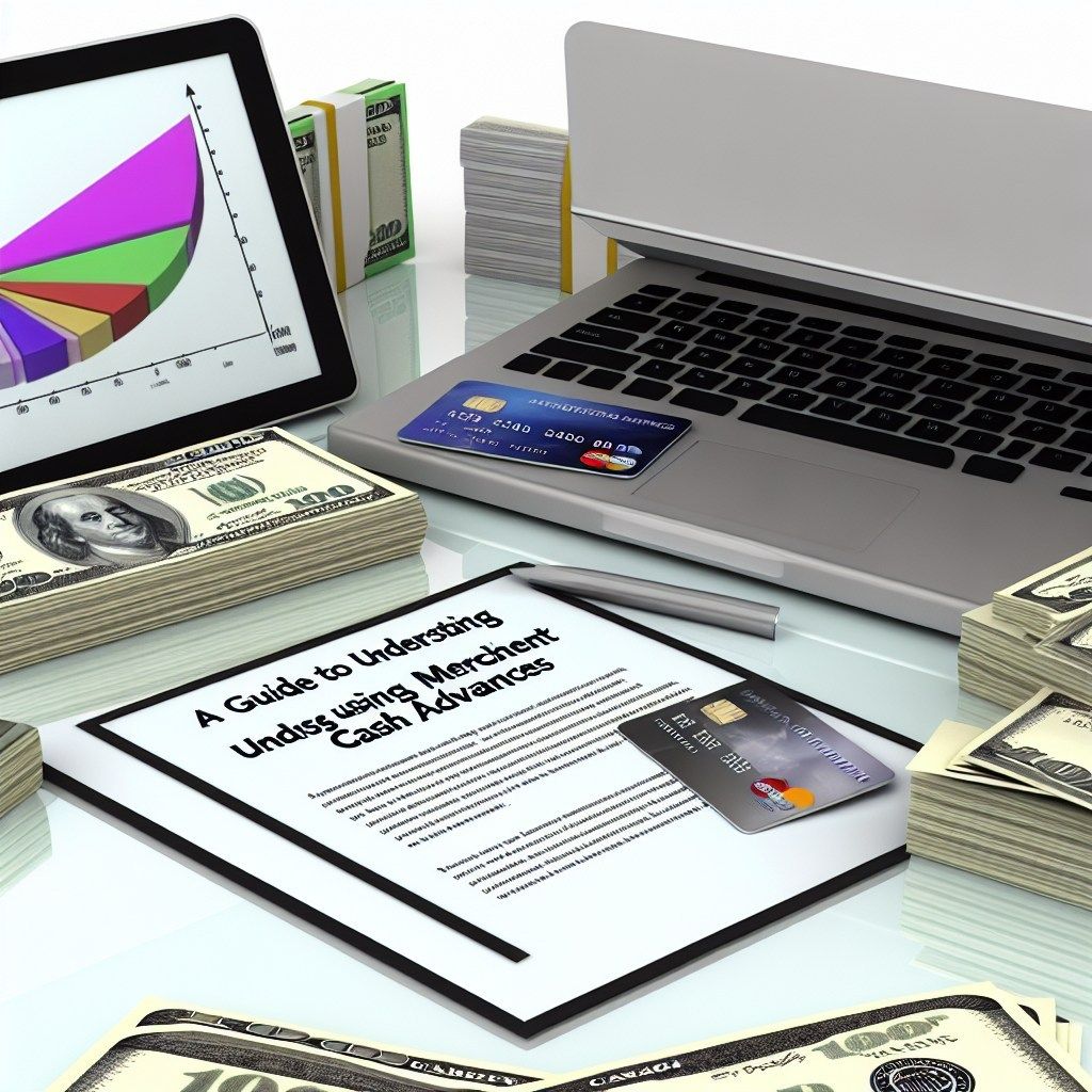 A workspace scene featuring a laptop, a tablet displaying a colorful pie chart, stacks of US dollar bills, credit cards, a pen, and a document titled "A Guide to Understanding Using Merchant Cash Advances." The setting suggests a focus on financial analys