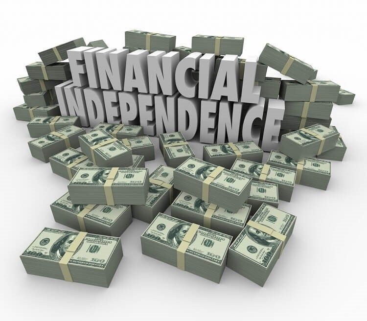 A 3D graphic featuring the words "FINANCIAL INDEPENDENCE" in large, bold letters, surrounded by stacks of U.S. dollar bills arranged in piles and scattered around the text, symbolizing wealth and financial freedom.