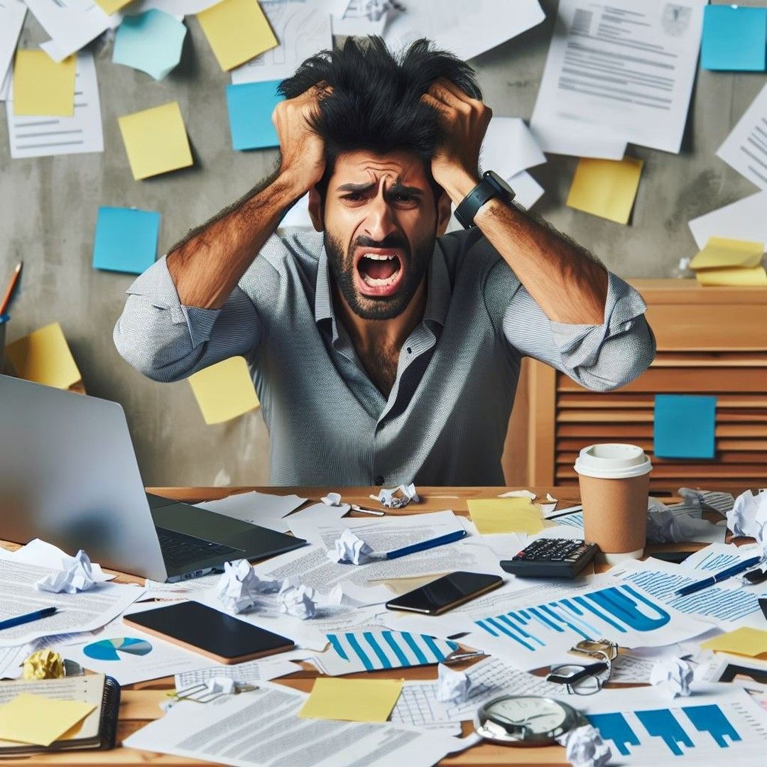 A man sitting at a cluttered desk, holding his head in frustration with a distressed expression. The desk is covered with crumpled papers, documents, charts, a laptop, a smartphone, a calculator, and a coffee cup. The background features a wall with numer
