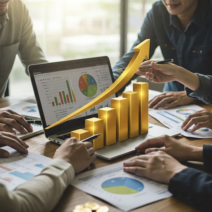 Group of business professionals analyzing financial charts and data on a laptop, with a 3D golden bar graph and upward arrow symbolizing business growth and success.