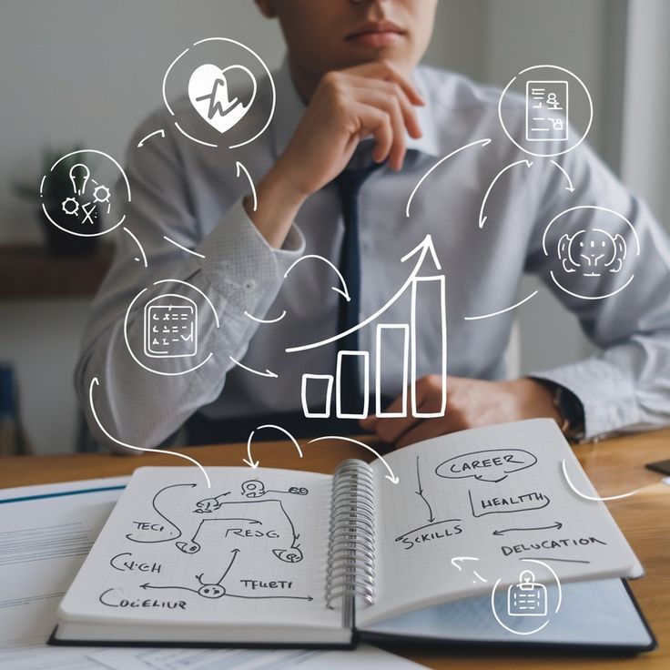 Person in business attire sitting at a desk with an open notebook containing diagrams and notes, surrounded by illustrated icons representing growth, health, skills, and career development concepts.