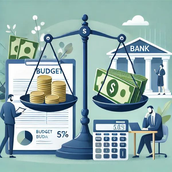 An illustration depicting a balance scale comparing two sides: one with stacks of coins and the other with paper money, symbolizing financial budgeting and allocation. In the background, there is a building labeled "Bank" with a person standing outside, a