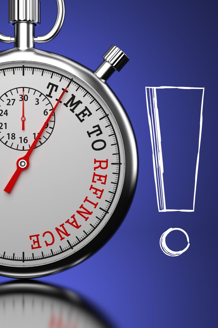 A stopwatch with the words 'TIME TO REFINANCE' written around its face, positioned next to a simple line drawing of a glass with a coin underneath, set against a blue background