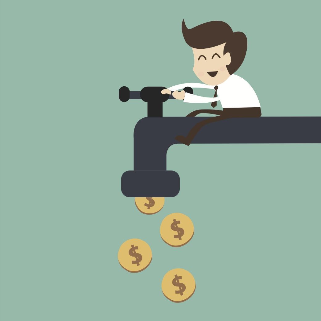 A cartoon illustration of a man in a white shirt and black tie sitting on a large pipe that acts as a faucet. The faucet is dripping coins with dollar signs, symbolizing money flowing out