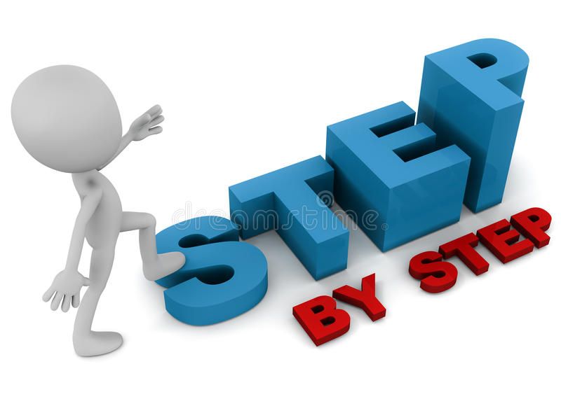 A 3D cartoon figure is stepping on the number "3" in the word "STEP," which is written in large blue letters. Below the word, in smaller red letters, it says "BY STEP."
