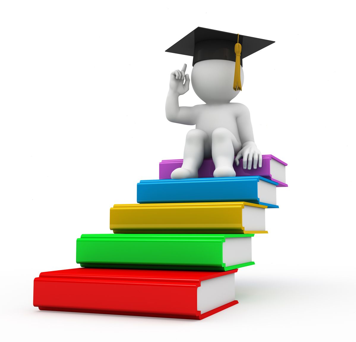 A 3D cartoon figure wearing a graduation cap with a yellow tassel is sitting on a stack of colorful books arranged in a rainbow order from red at the bottom to purple at the top. The figure is touching its head with one finger, appearing to be thinking or