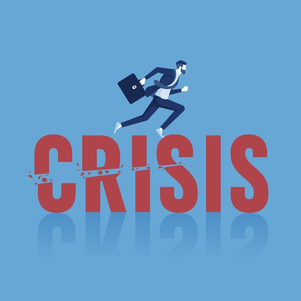 A man in a business suit is running on top of the word "CRISIS," which is written in large red letters. The word appears to be cracked or breaking apart, symbolizing a crisis or urgent situation. The background is light blue.