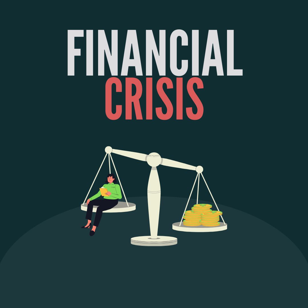 A person is sitting on a scale with a laptop, balancing between financial hardship and wealth during a financial crisis.