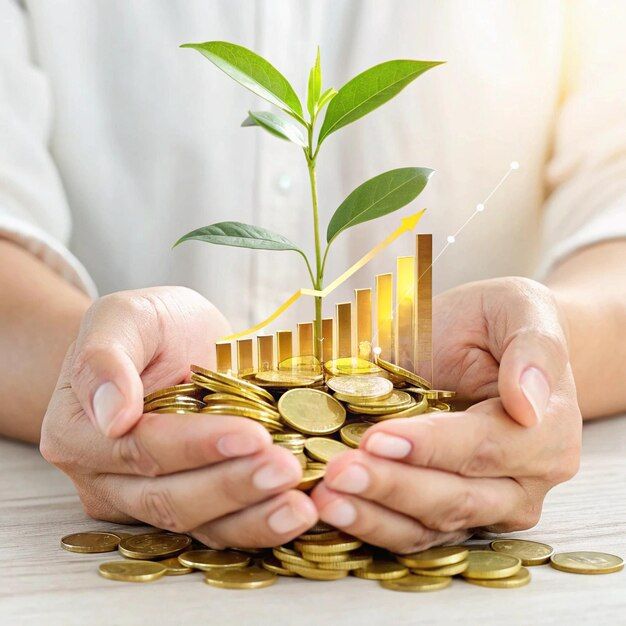 The image depicts a person holding a collection of coins with a growing plant and rising bar graph, symbolizing financial growth and investment.