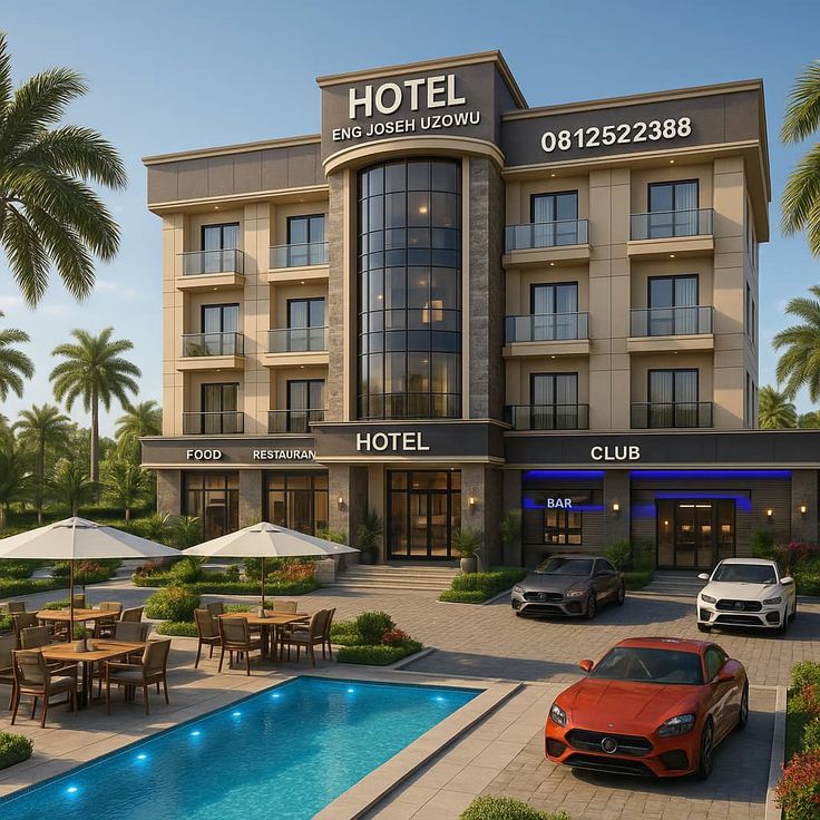 The image shows a modern hotel building with a poolside area, outdoor seating, and several parked cars in front.