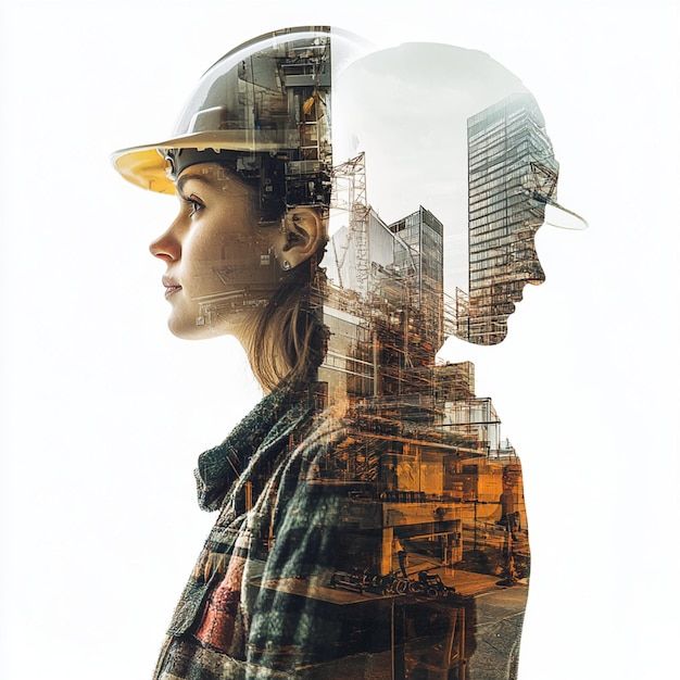 A double exposure image blending a woman's profile in a construction helmet with an urban cityscape.