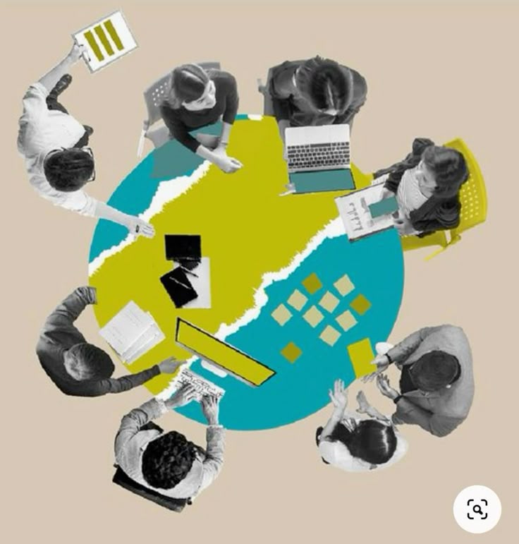The image depicts a collaborative business meeting around a table, focusing on teamwork, planning, and data analysis.