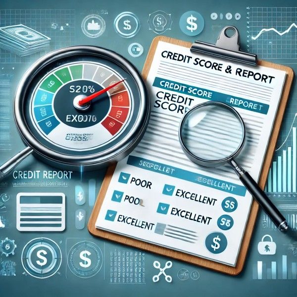 A credit score report with a magnifying glass highlighting credit ratings and a gauge indicating a 20% score.