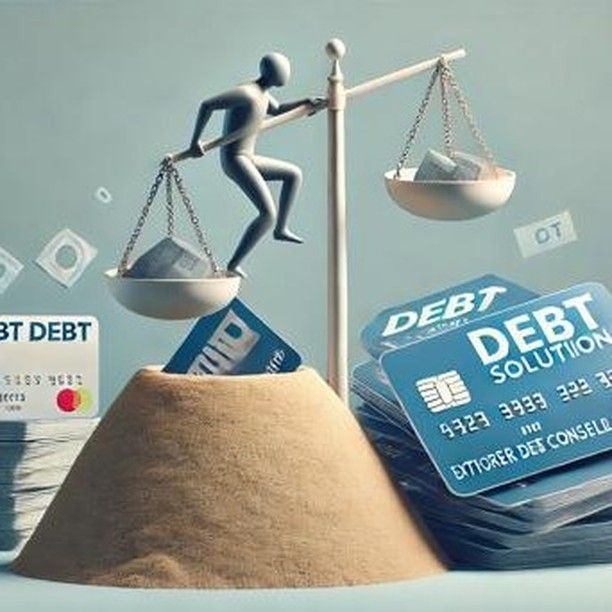 A digital illustration depicting a person balancing on a scale, weighed down by debt cards and financial documents, symbolizing the burden of debt management..