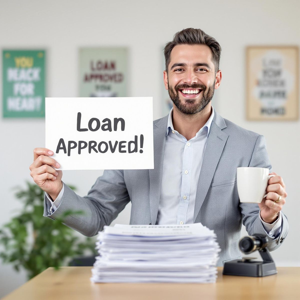 A happy man in a business suit holding a "Loan Approved!" sign and a coffee mug, sitting at a desk with a large stack of papers.
