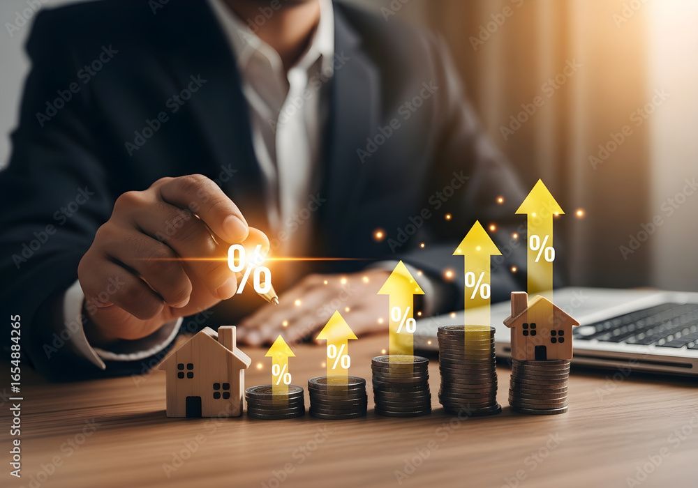 A person in business attire drawing upward arrows and percentage signs over stacks of coins and small house models, symbolizing increasing interest rates or property value growth.